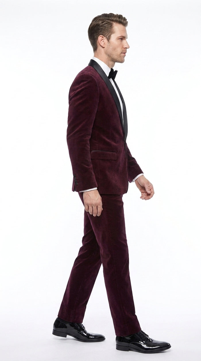 Men’s Maroon and Black Tuxedo Suit, 1 Button Burgundy Shawl Lapel Formal Wedding Prom Suit