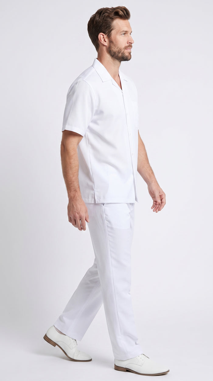 Men’s White Big and Tall Walking Suit, Short Sleeve Casual Shirt and Pants Set up to 6XL