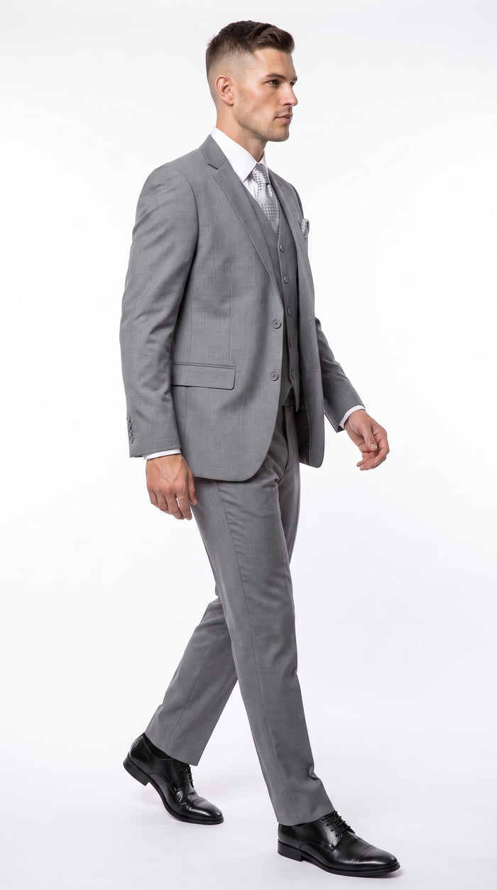 Men’s Light Grey Classic Vested Suit, 3 Piece Formal Wedding Business Dress Suit