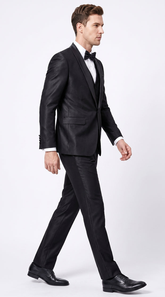 Men’s Black Sharkskin Vested Tuxedo, 1 Button Shawl Lapel Formal Wedding Prom Suit