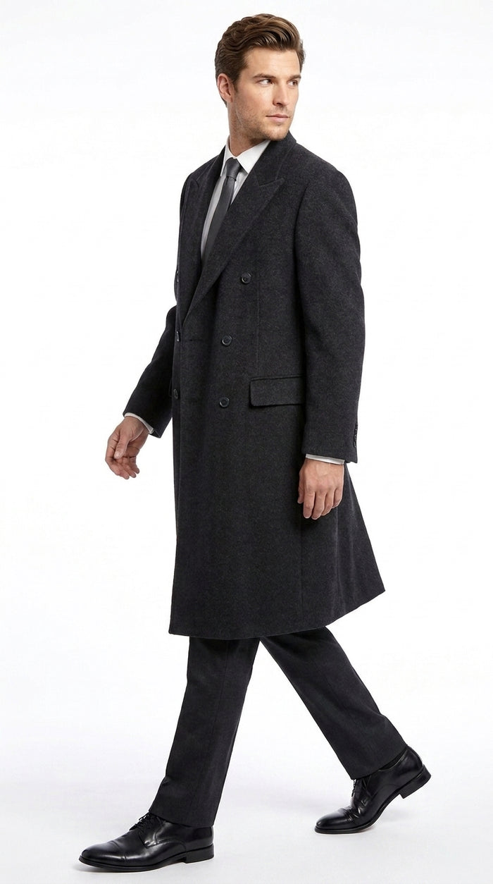 Alberto Nardoni Men’s Black Double Breasted Wool Blend Long Overcoat, Fully Lined Formal Dress Coat