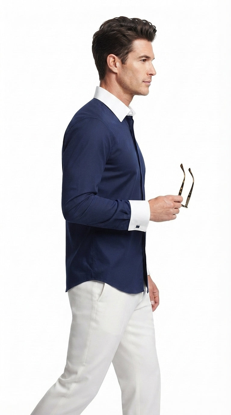 Men’s Multi Color Two Tone Dress Shirt, White Collar Contrast Formal Fashion Shirt