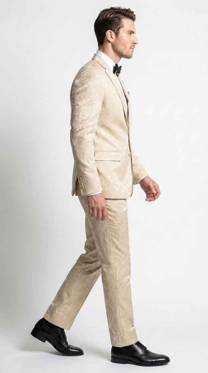 Men’s Champagne Paisley 2 Piece Prom Tuxedo, Formal Wedding Dinner Jacket Suit