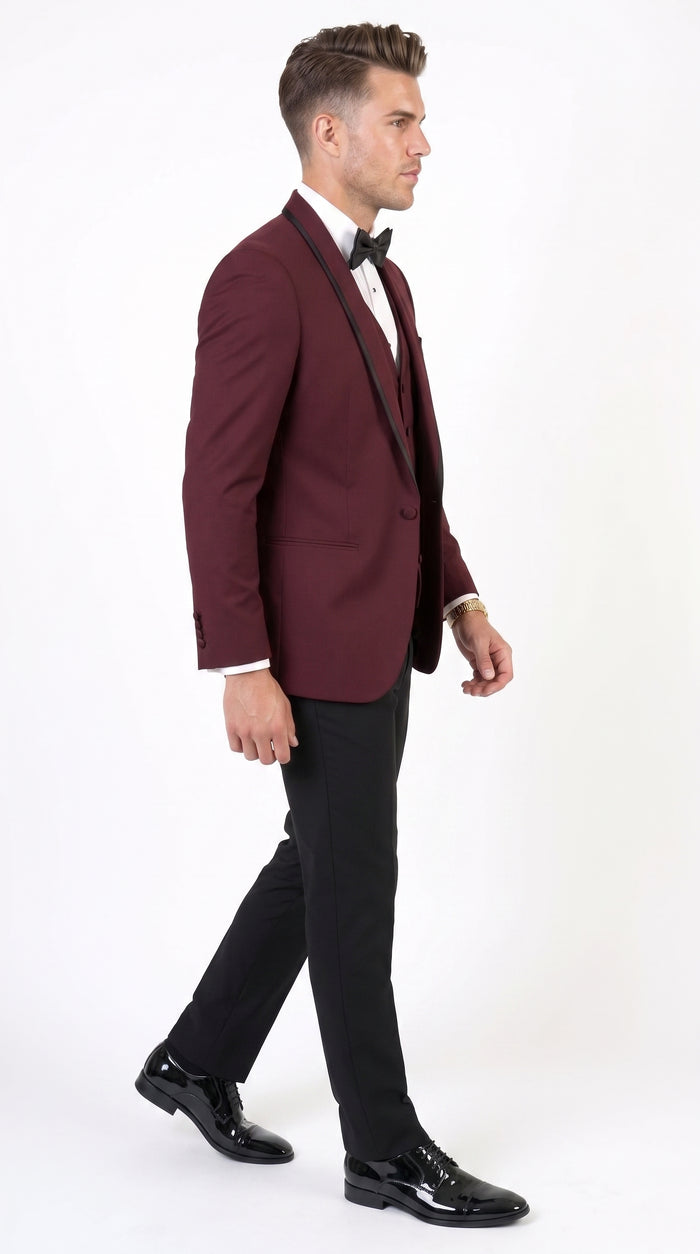 Men’s Burgundy and Black Wool Shawl Lapel Tuxedo Set – Formal Wedding Prom Dinner Suit