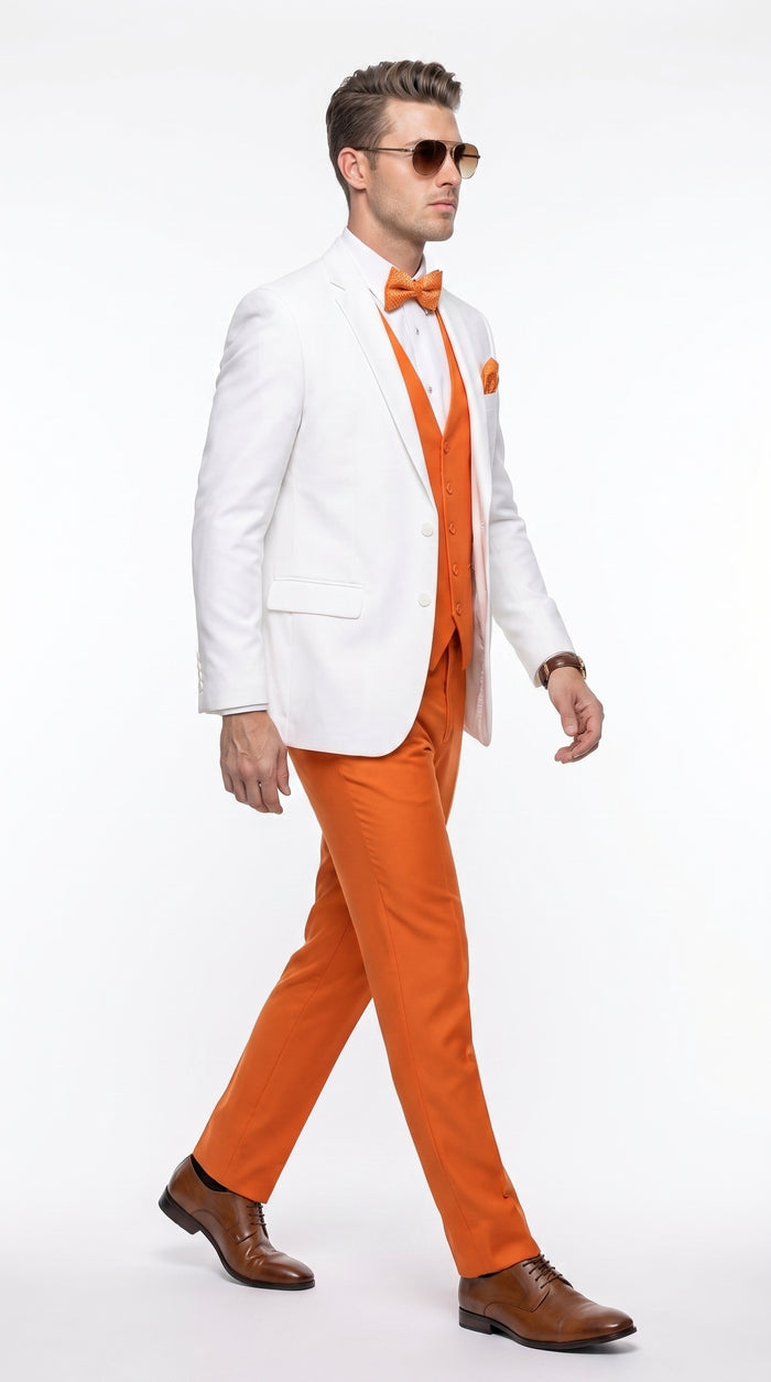 Men’s White and Orange Tuxedo Wedding Suit Set, Formal Prom Groom Dinner Suit