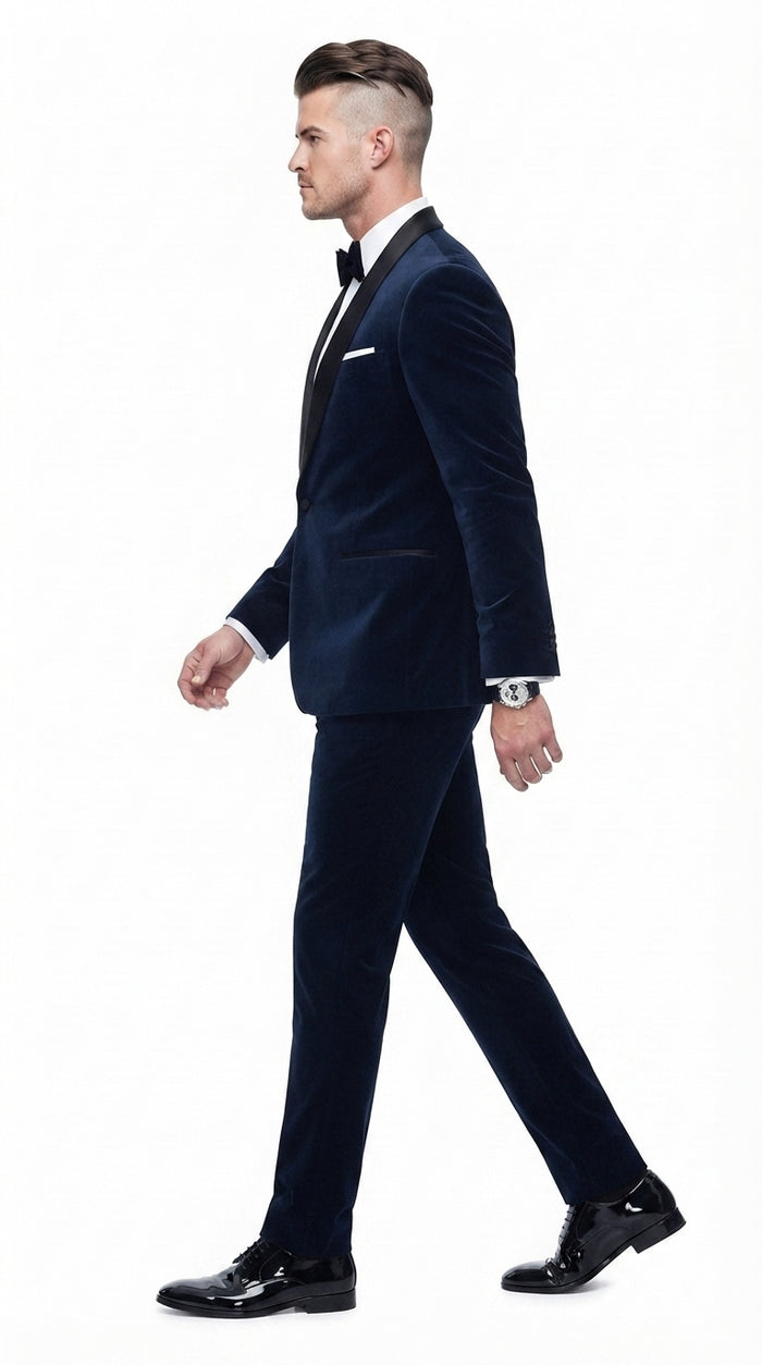Men’s 007 James Bond Navy Wool Tuxedo – Black Satin Shawl Lapel Wedding and Formal Suit