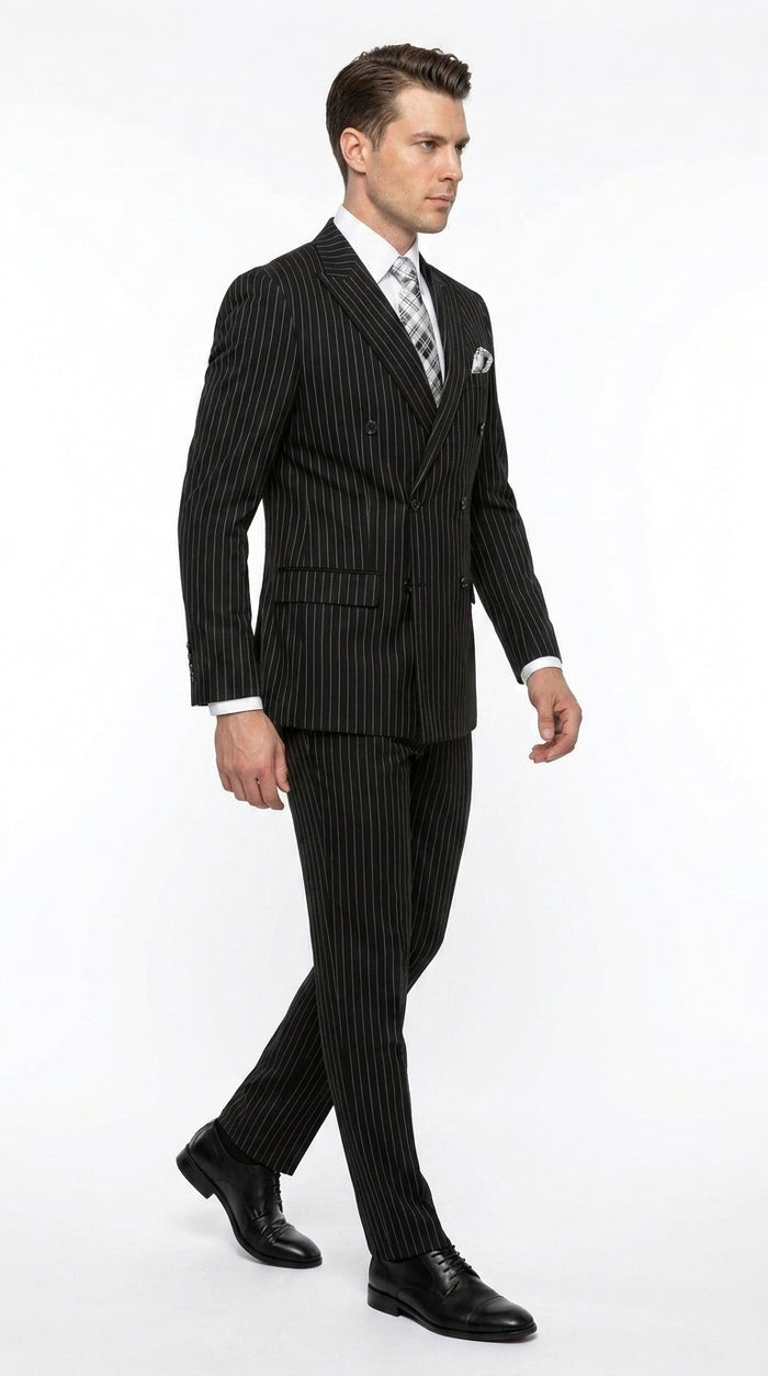Men’s Black Bold Pinstripe Double-Breasted Wool Suit – Designer Gangster Wedding and Formal Suit