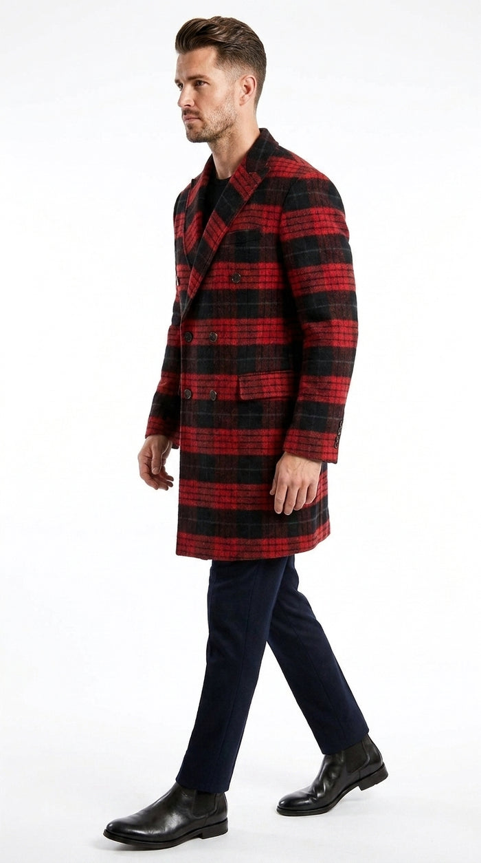Men’s Red and Black Plaid Double-Breasted Overcoat – Wool-Blend Peacoat and Winter Topcoat