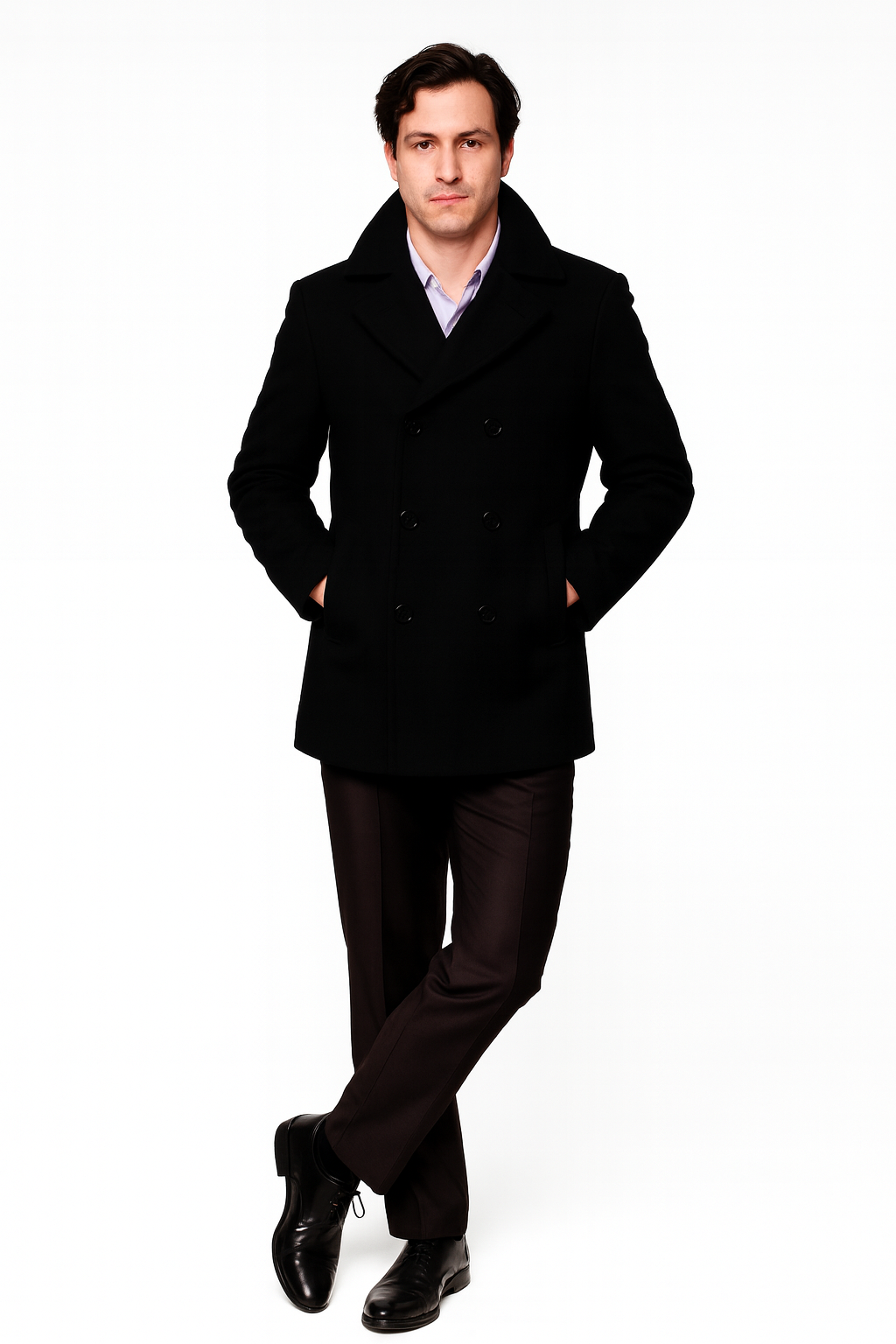 Men's Black Six Button Double Breasted Cheap Priced Mens Wool Peacoat Jacket