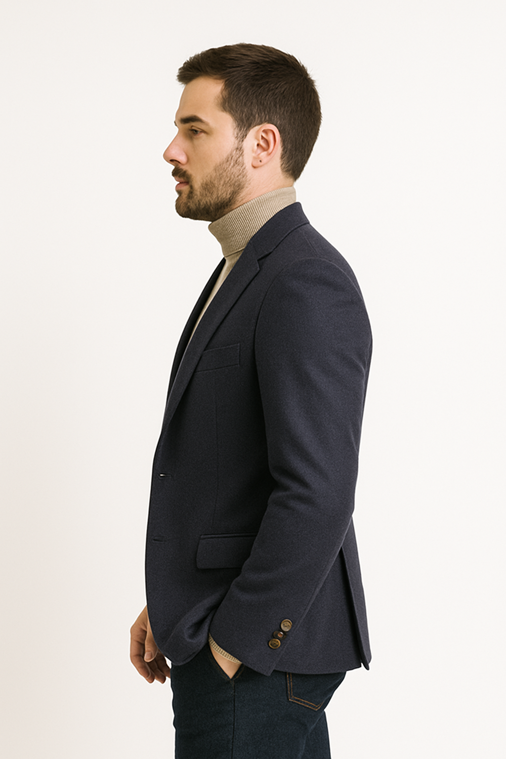 Navy Cashmere Two Button Jacket with Notch Lapel