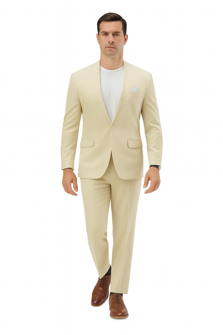Mens Two Piece Linen Suit Relaxed Hybrid Fit No Collar