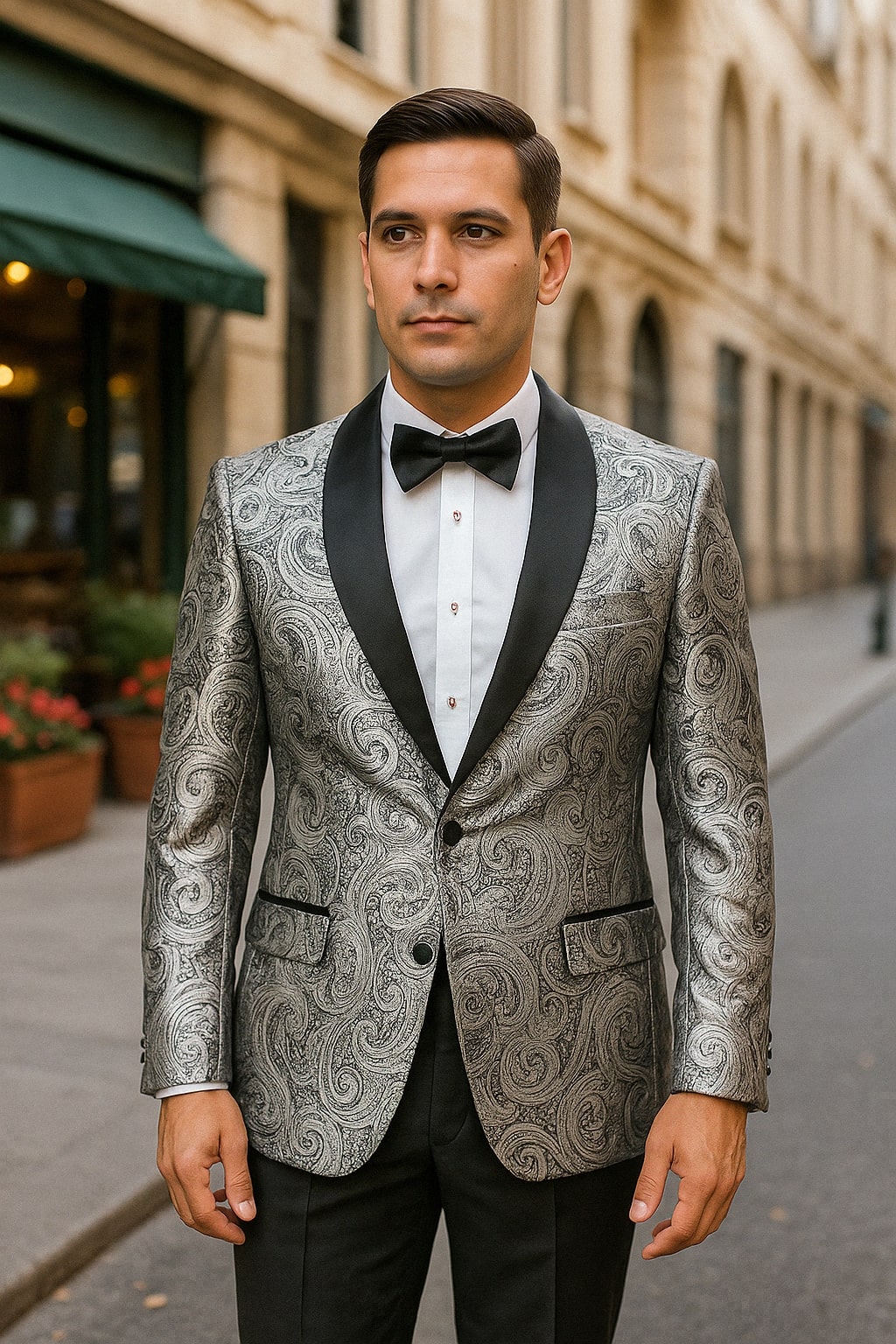 Silver & Black Paisley Tuxedo Blazer with Bow Tie
