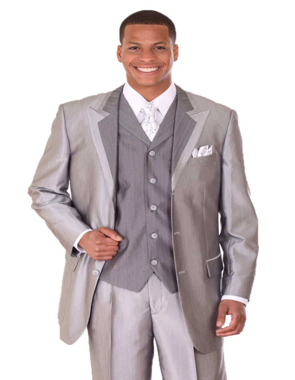 Men’s 3 Button Vested Silver Sharkskin Suit
