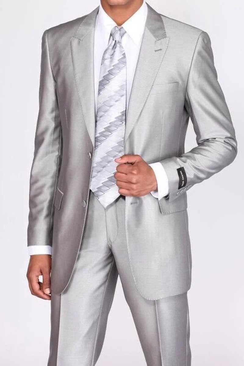 Silver 2 Button Peak Lapel Sharkskin Suit