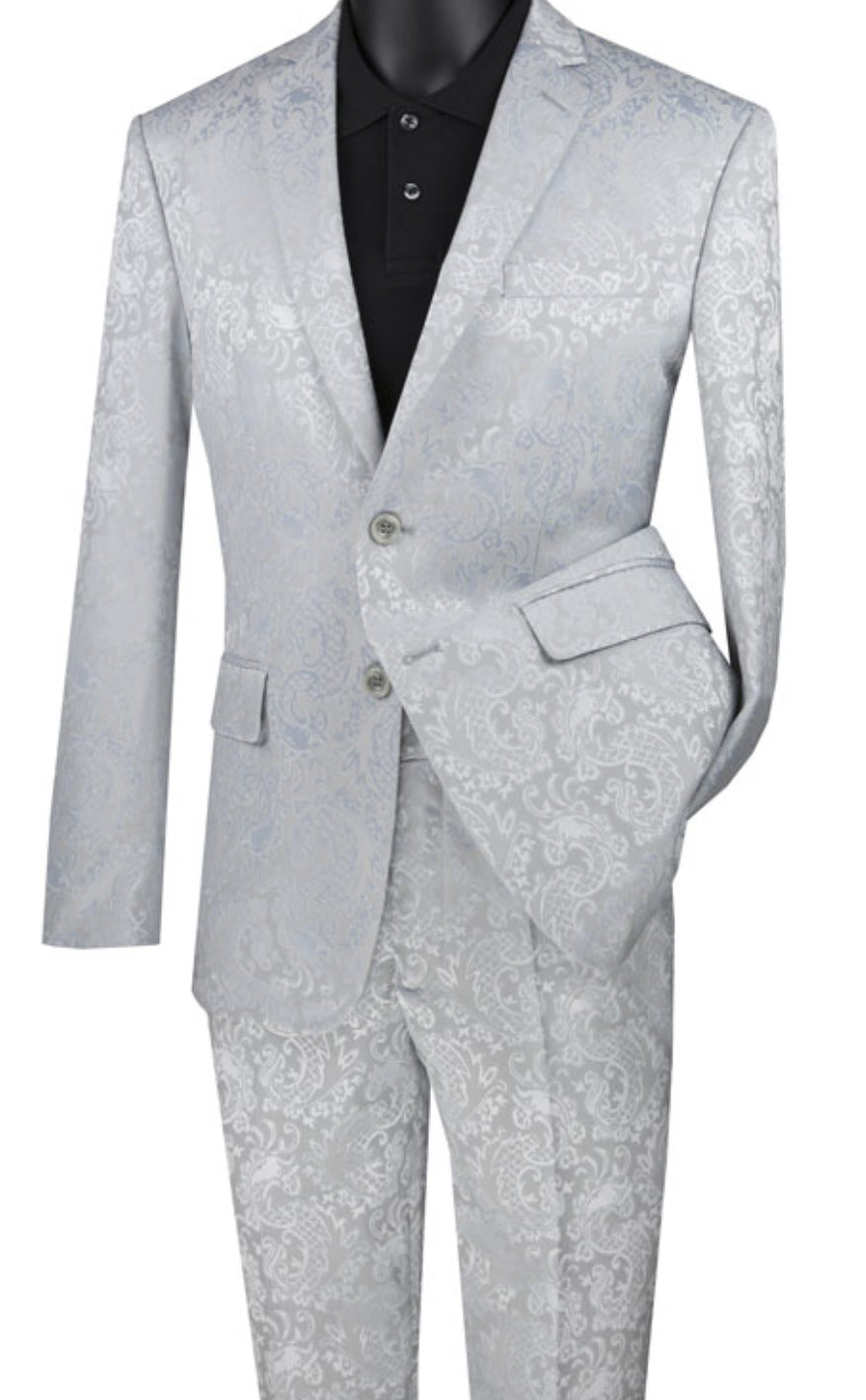 Silver Paisley Slim Fit 2 Piece Suit by Vinci