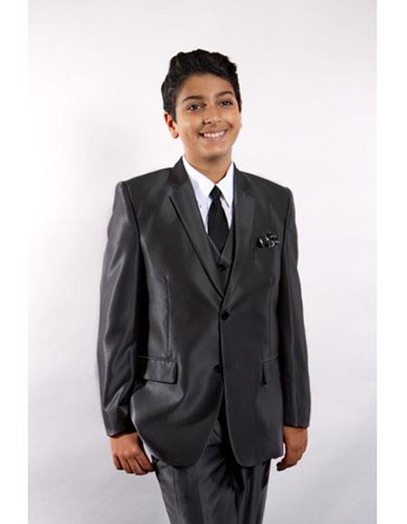 Boy's 5 Piece Kids Sizes Black Suit Perfect for toddler Suit wedding attire outfits Vested w/Shirt, Tie & Hanky Stylish Sheen