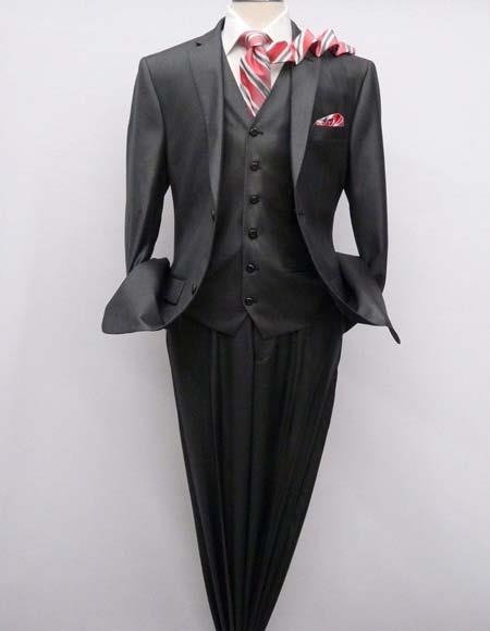 Men's VITALI Charcoal Gray Three Piece Suit Vested Semi Shiny Sharkskin - Color: Dark Grey Suit