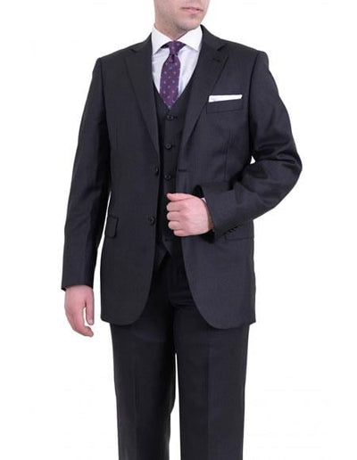 Men's Charcoal Gray 2 Buttons Classic Fit Pinstriped Vested Suit - Color: Dark Grey Suit