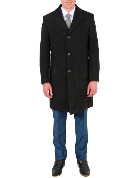 Men's Charcoal 3 Button Closure Overcoat Men's Carcoat - Car Coat Mid Length Three quarter length coat