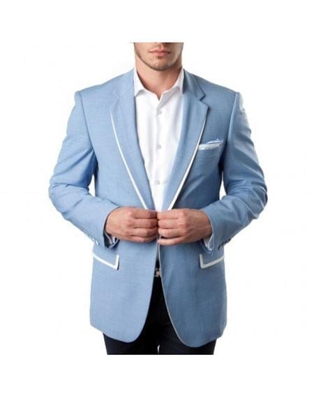 Men's Tazzio Cheap Priced Designer Fashion Dress Casual Blazer For Men On Sale Light Blue with White Trim Slim Fit Wedding Blazer