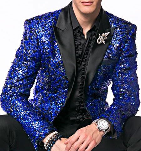 Men’s Royal Blue & Black Sequin Paisley Dinner Jacket – Glitter Sparkly Prom, Wedding and Party Tuxedo Blazer