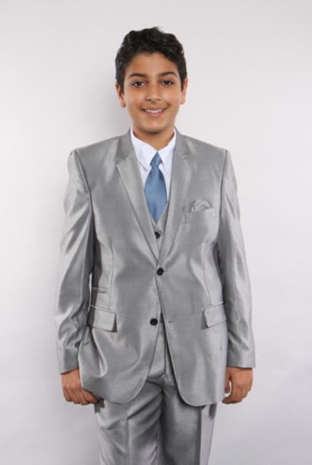 Boy's Silver Sharkskin 5 Piece Perfect for toddler Suit wedding attire outfits