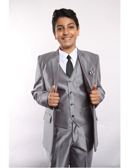 Boy's Sharkskin 5 Piece Silver Kids Sizes Suit Perfect for toddler Suit wedding attire outfits Vested w/Shirt, Tie & Hanky