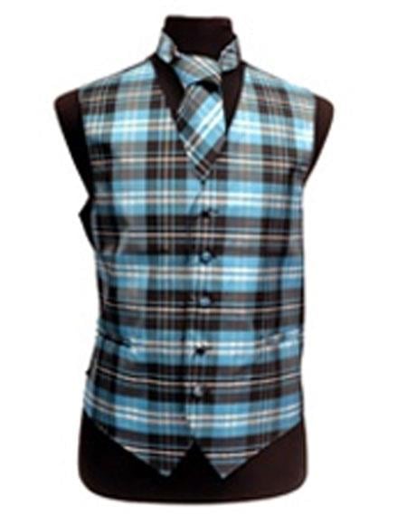 Men's White/Turquoise Slim Fit Polyester Plaid Design Fashion Set - Men's Neck Ties - Mens Dress Tie - Trendy Mens Ties