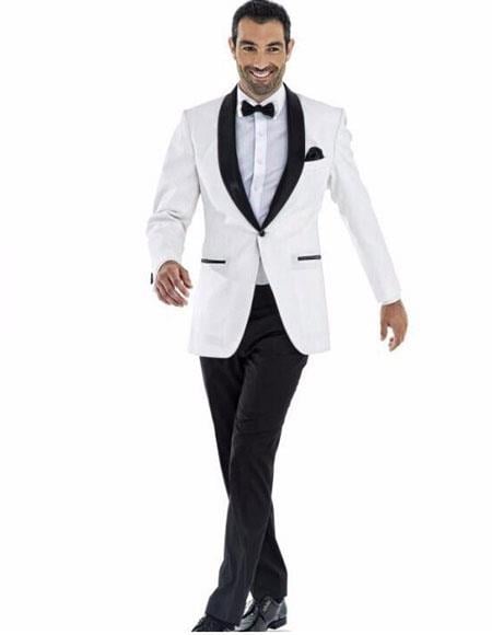 Men's one button white tuxedo suit with black shawl lapel (Jacket + Pant + Bow)
