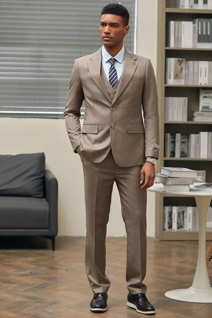 Men's Stacy Adams Vested Sharkskin Suit, Dark Tan
