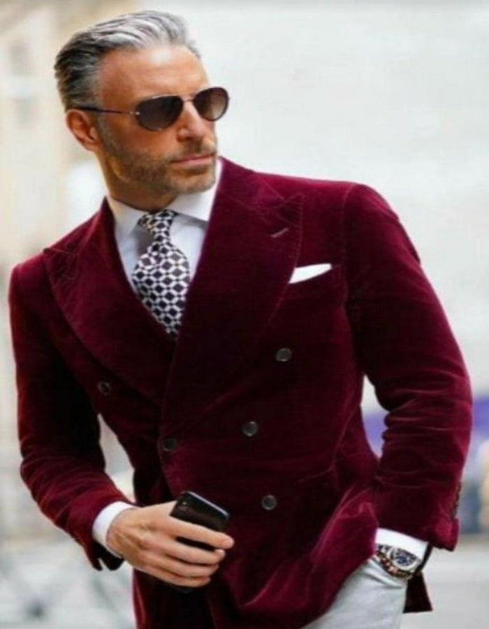 Men's Double Breasted Six Button Velvet Blazer