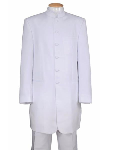 Men's White Two Piece Mandarin Banded Collar 6 Button Long Jacket - Men's Preaching Jacket