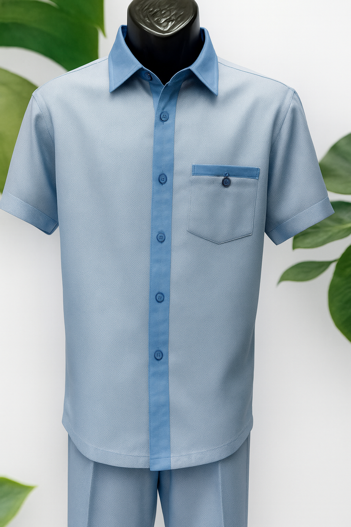 Sky Blue Off White Houndstooth Walking Suit