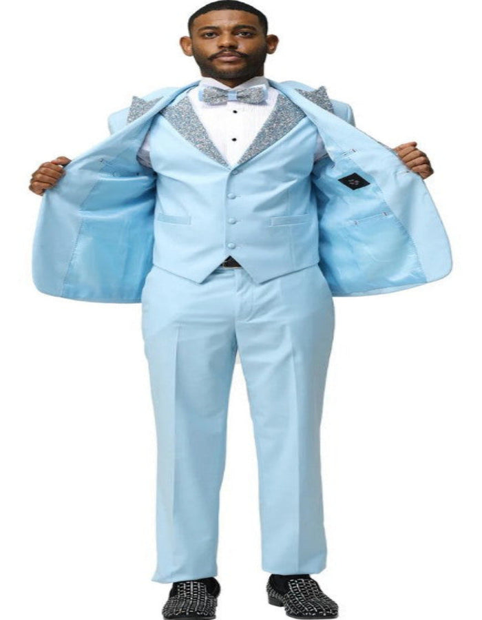 Sky Blue Prom Tuxedo Vested with Rhinestone sequin Lapel