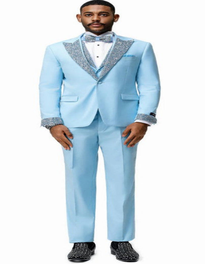 Sky Blue Prom Tuxedo Vested with Rhinestone sequin Lapel