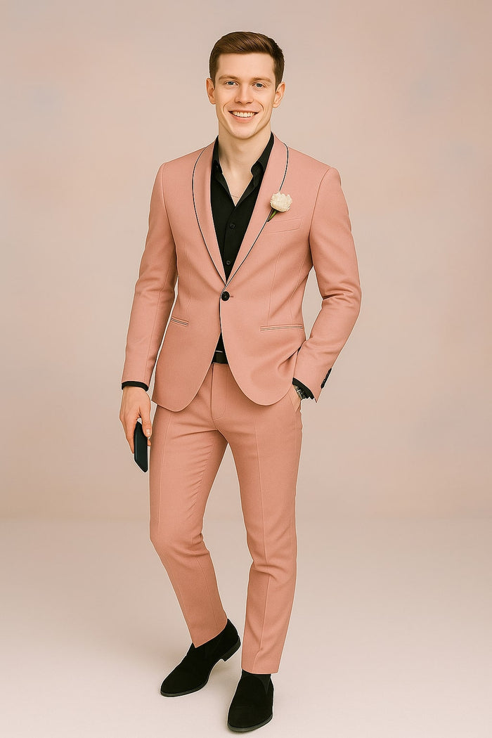 Slim Fit Pink Tuxedo Suit with Black Trim