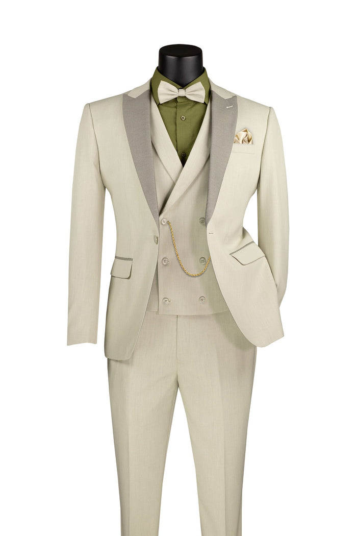 Slim Fit Ecru 3 Piece Tuxedo with Bow Tie