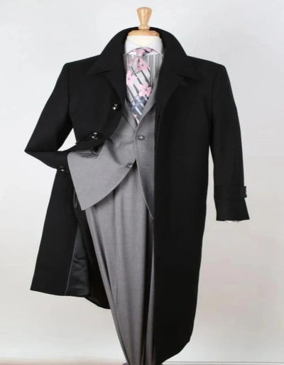 Black Wool Gabardine Belted Duster Overcoat