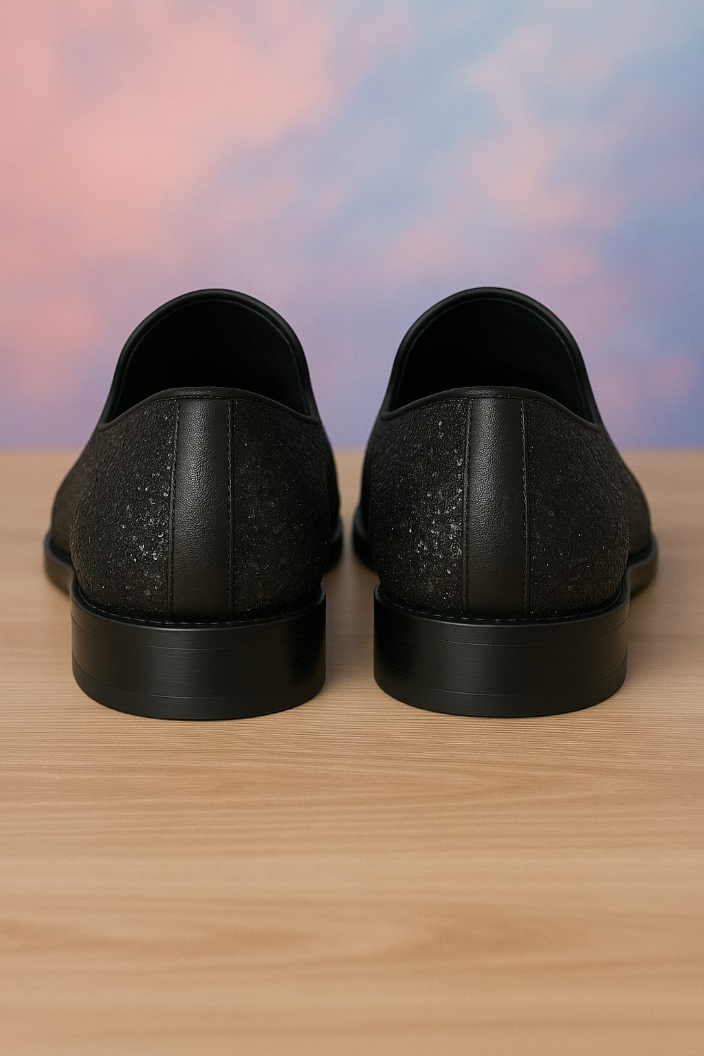 Black Glitter Loafers with Spike Studded Toe