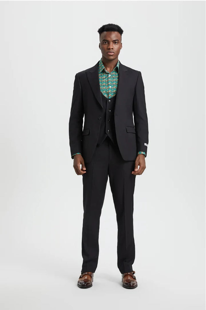 Stacy Adams Black Peak Lapel Vested Suit