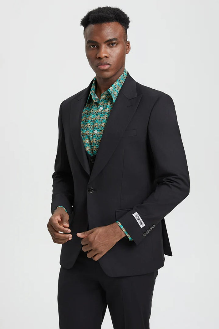 Stacy Adams Black Peak Lapel Vested Suit