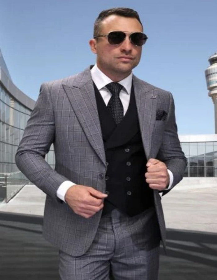 Black Peak Lapel Wool Suit by Rossiman