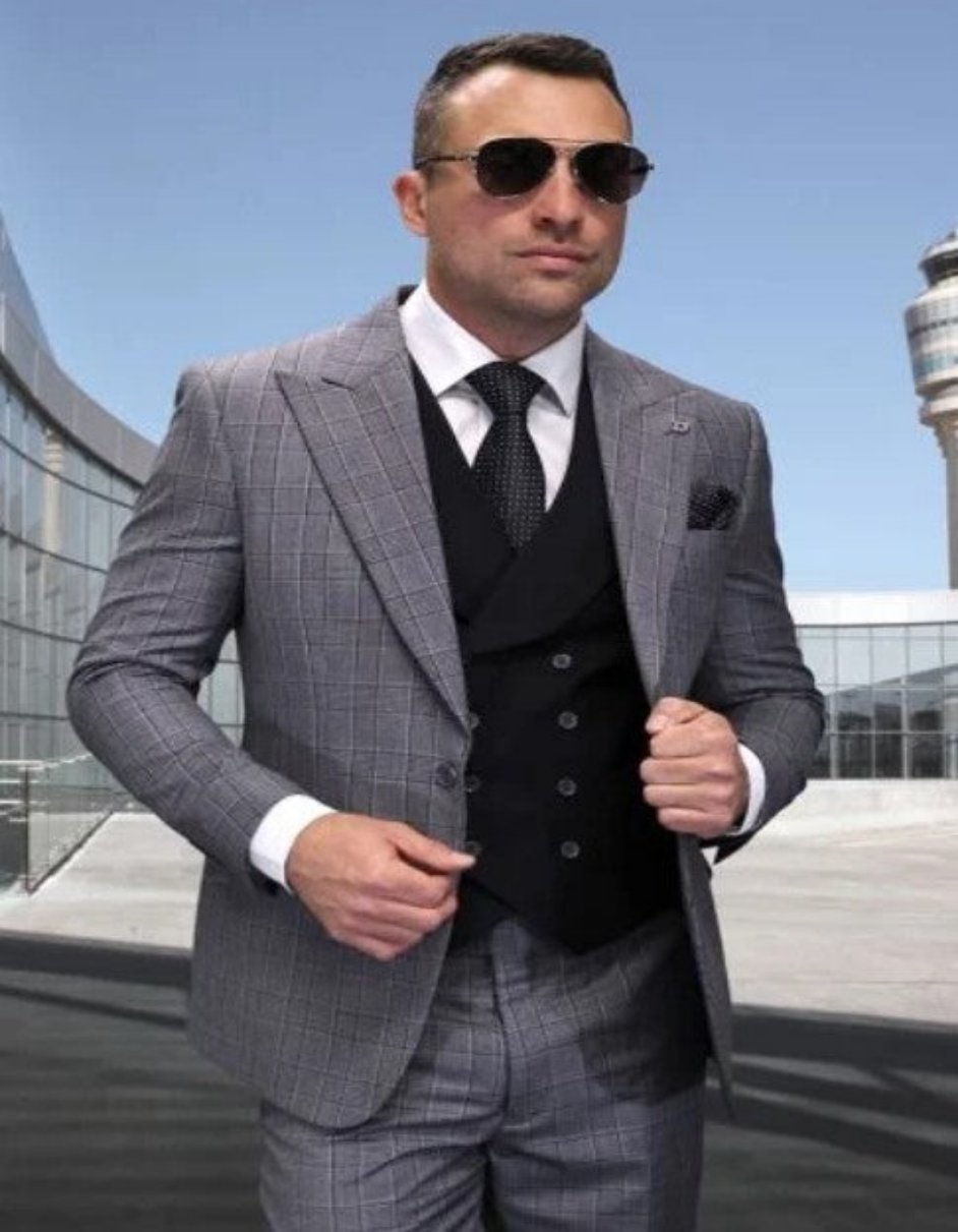 Black Peak Lapel Wool Suit by Rossiman