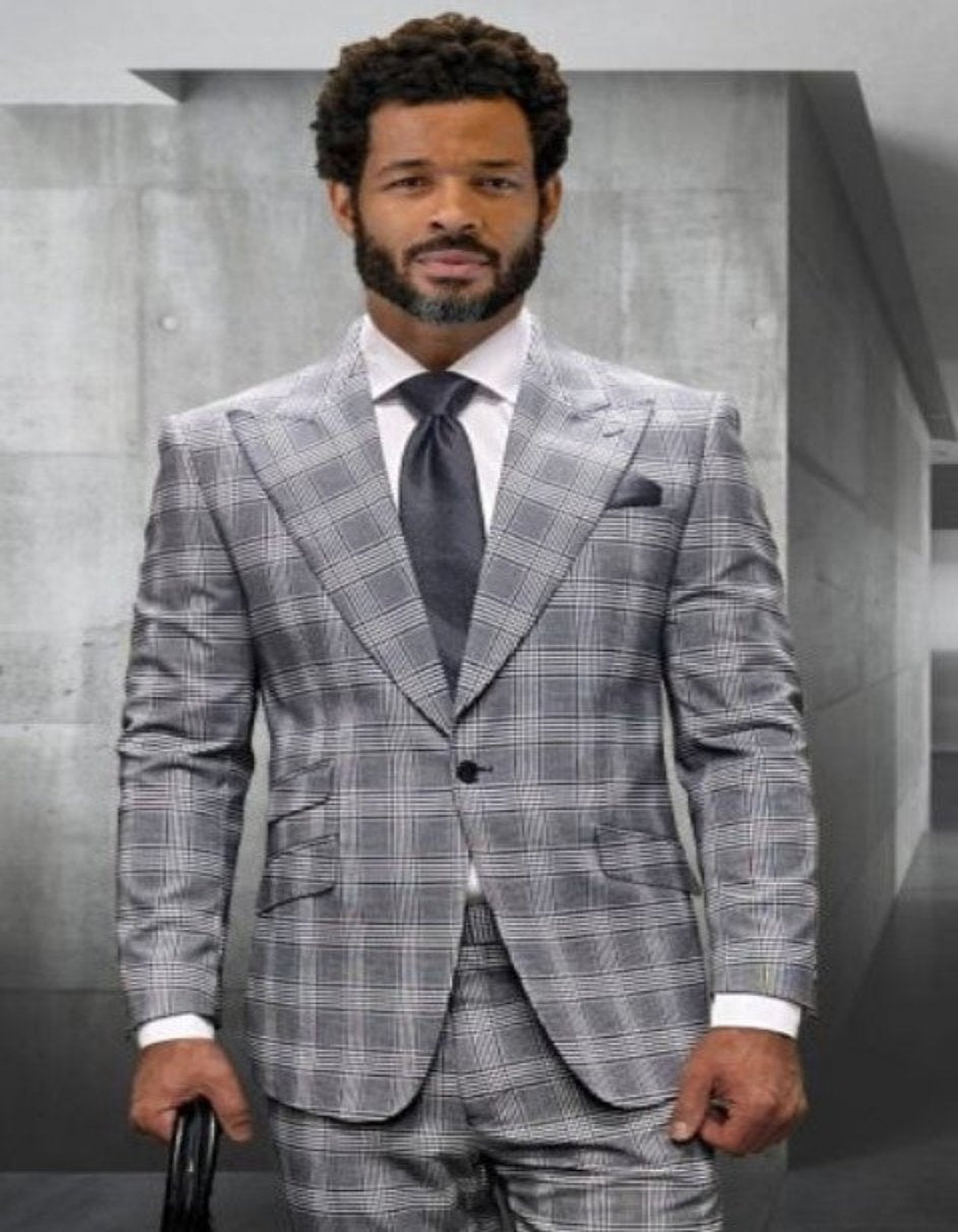 Grey Plaid Modern Fit Suit with Peak Lapel