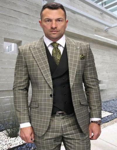 Peak Lapel Wool Suit with Ticket Pocket - Olive