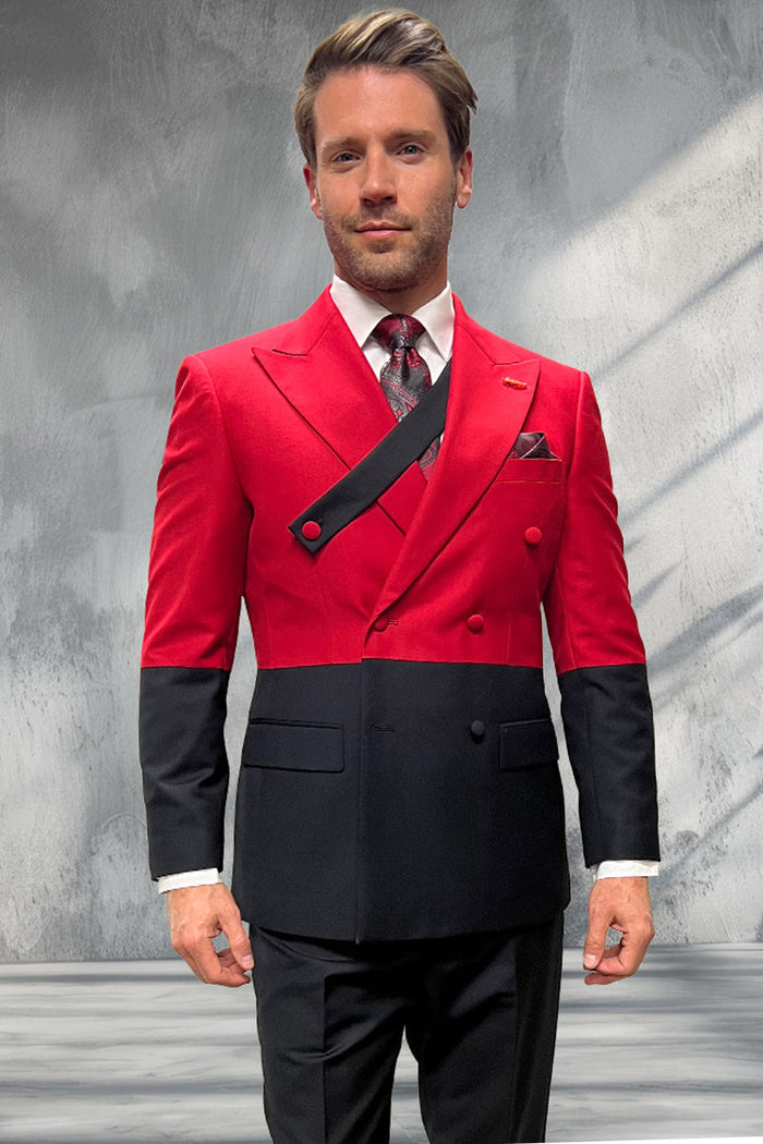 Men's Designer Wool Double Breasted Suit in Dipped Two Tone Black & Red