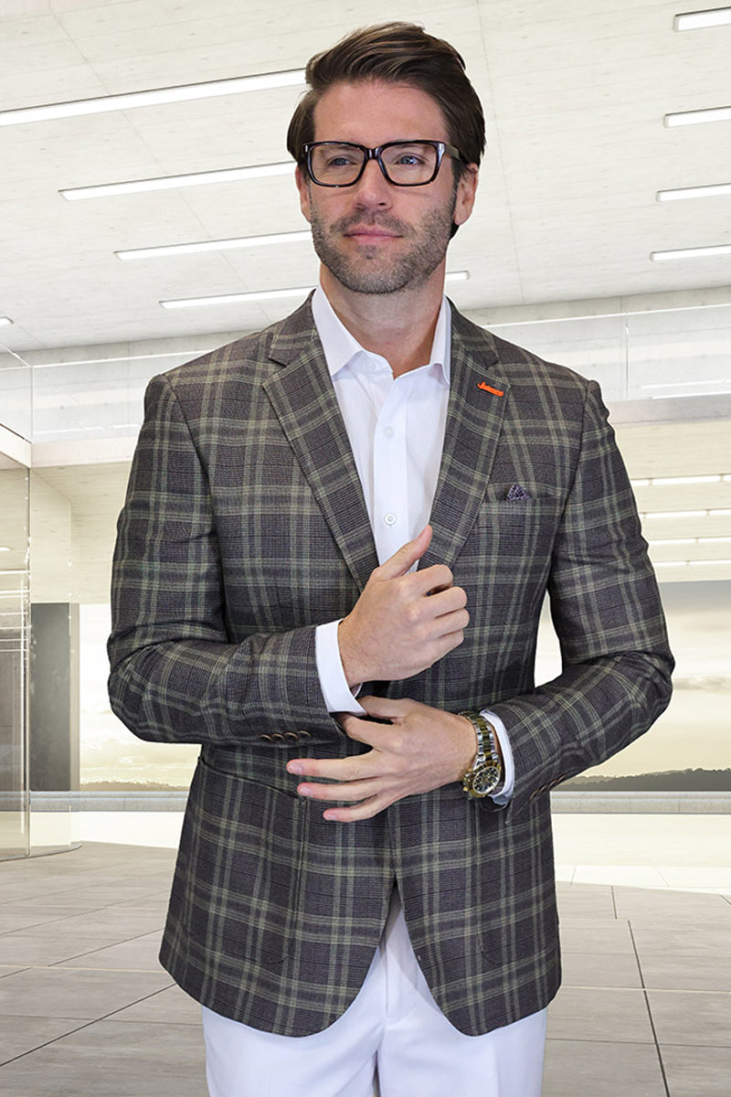 Men's Modern Fit Patch Pocket Designer Wool Summer Blazer in Brown Windowpane Plaid