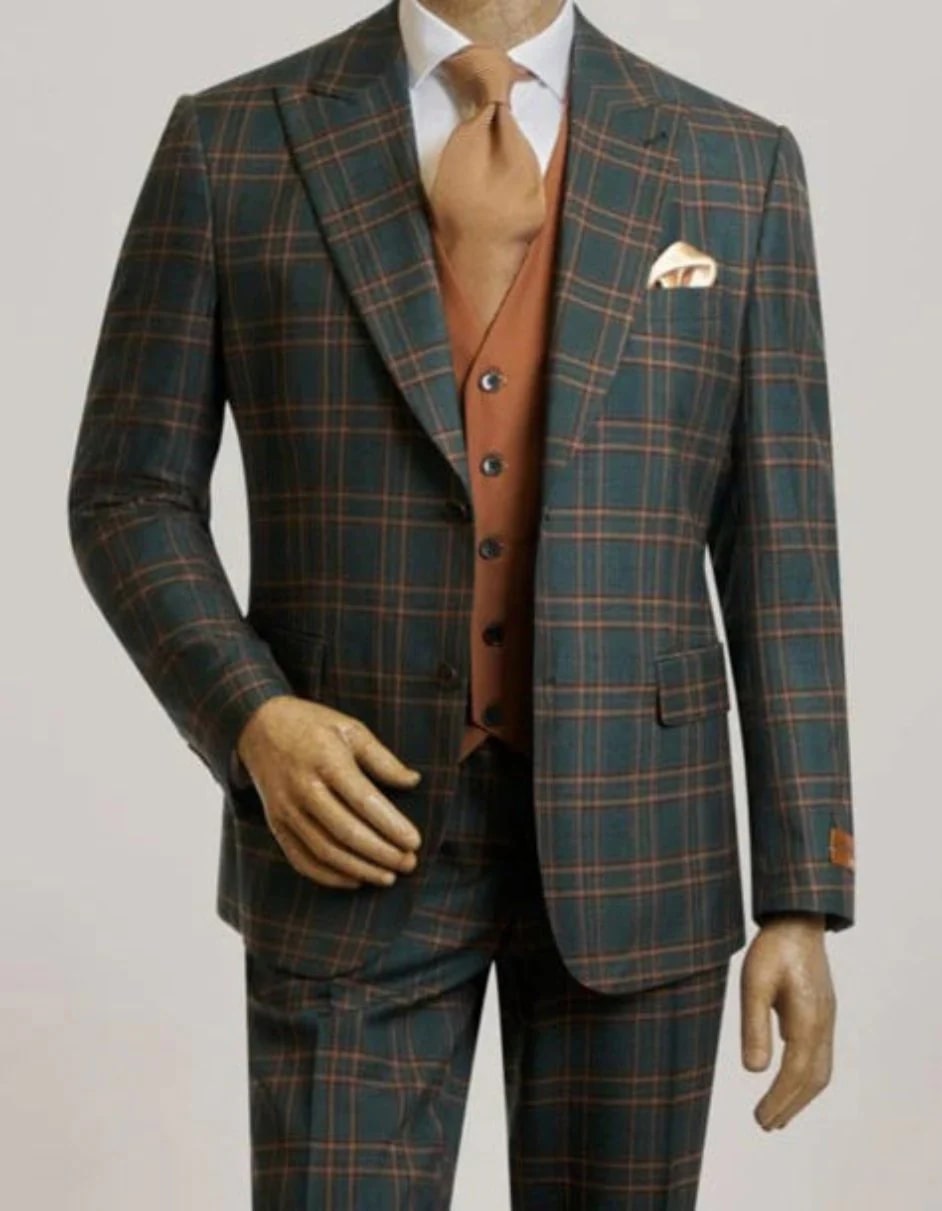 Peak Lapel Green 3 Piece Modern Suit