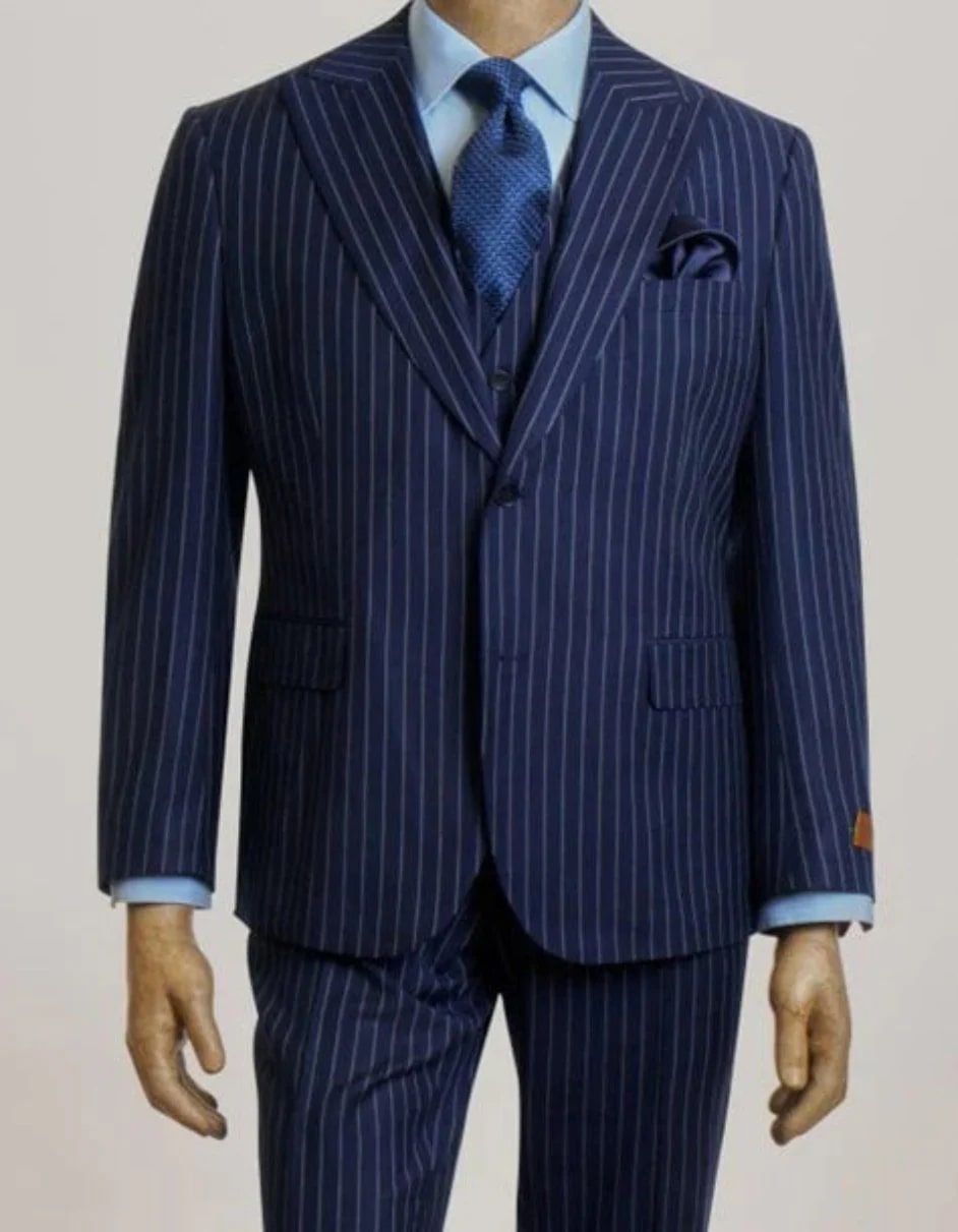 Men's Navy Peak Lapel Modern Fit Vested Suit