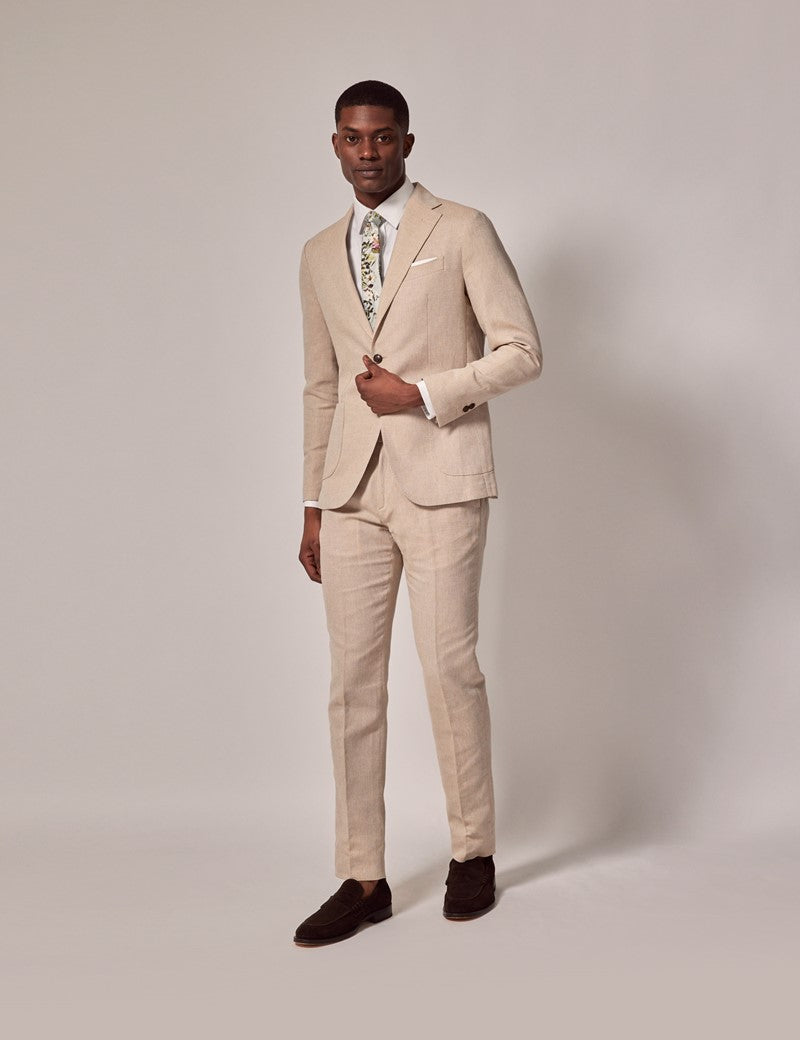Mens Linen Slim Suit - Stone
